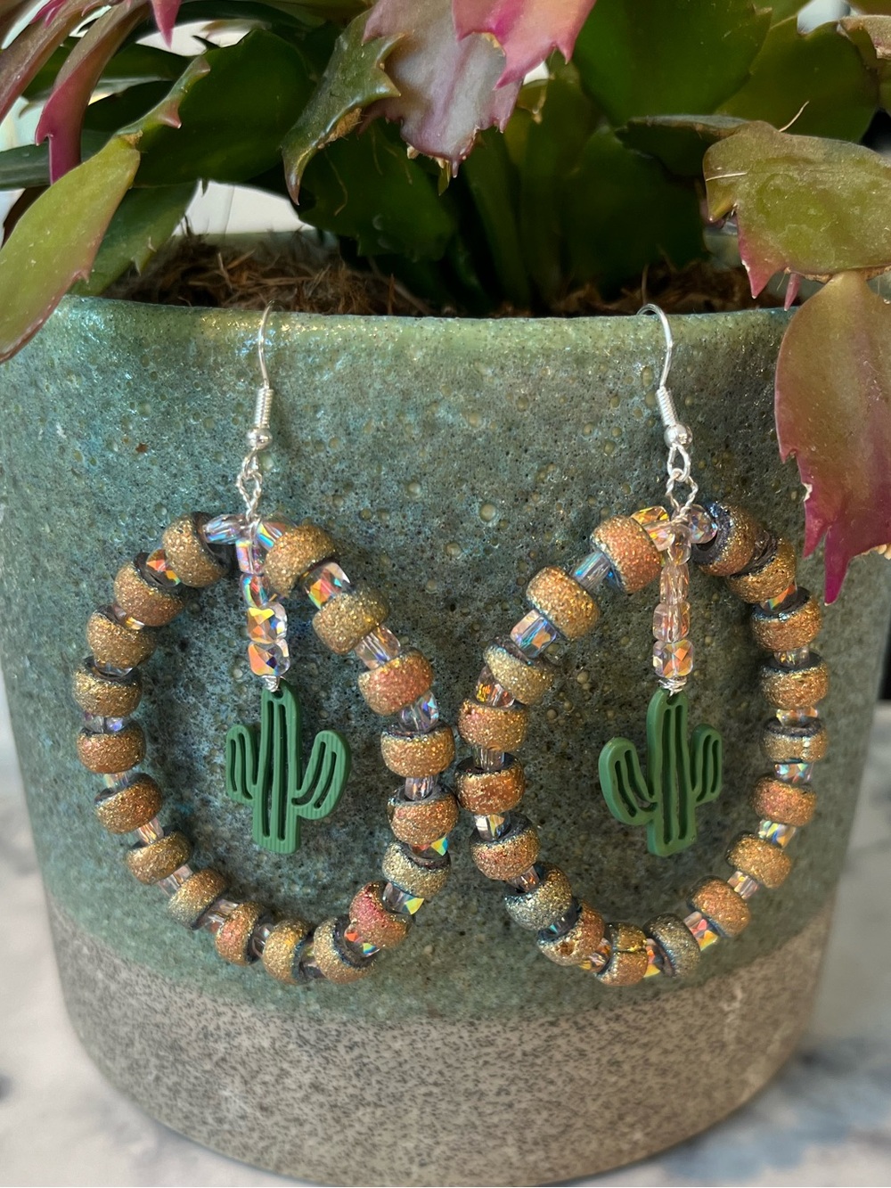Gold Beaded Hoop Earrings with Green Cactus Charm
